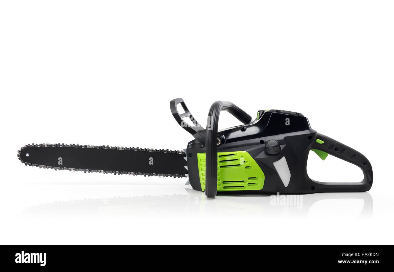 Electric Cordless battery powered chainsaw isolated on white background Stock Photo