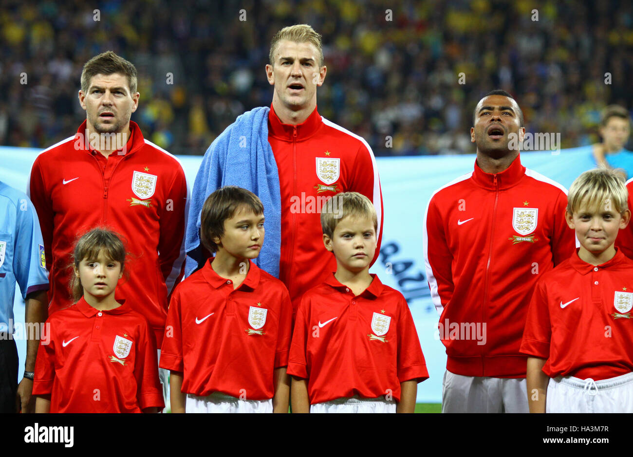 KYIV, UKRAINE - SEPTEMBER 10, 2013: Players of England National football team listen to national anthems before FIFA World Cup 2014 qualifier game aga Stock Photo
