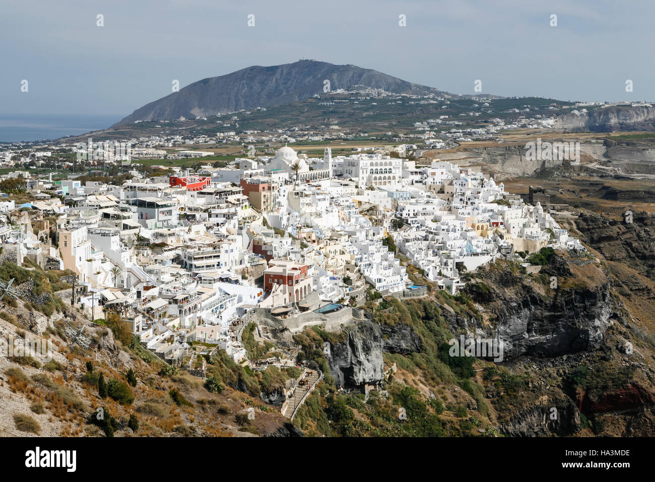 Panoramic view of Thera (Fira, Thira), main town of the southernmost Greek island of the Cyclades, Santorini in the Aegean Stock Photo