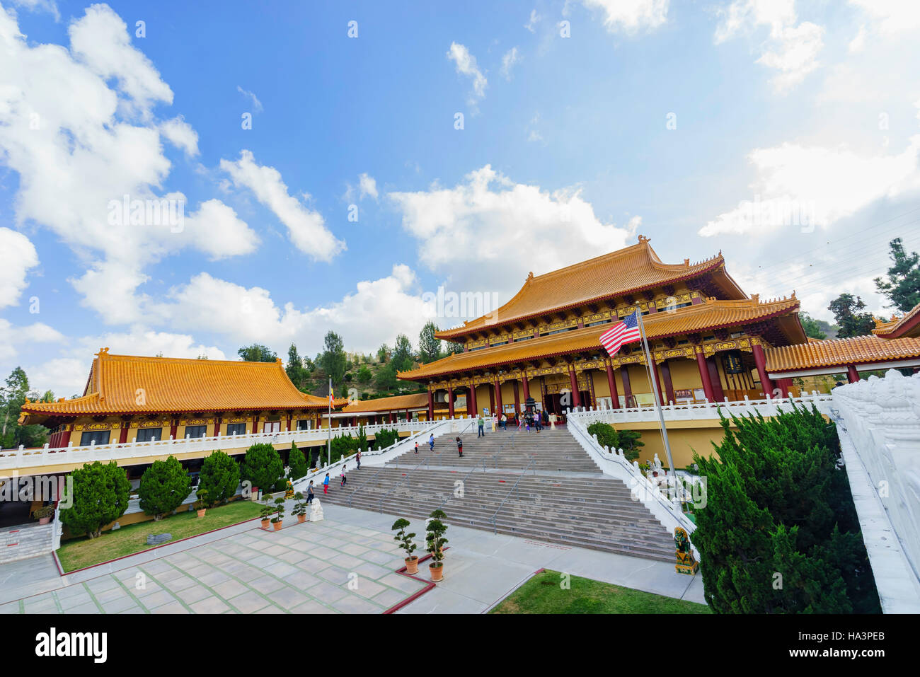 Hsi Lai Temple with American flag at Los Angeles, California Stock