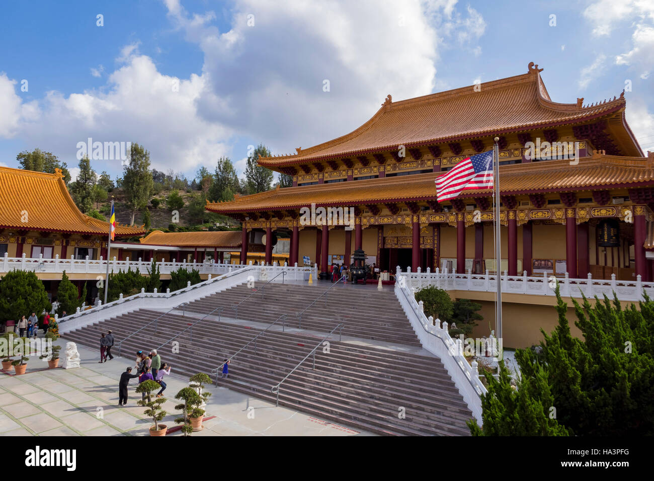 Hsi Lai Temple with American flag at Los Angeles, California Stock