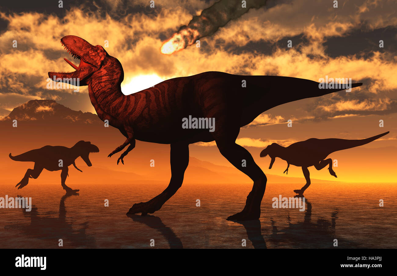 Tyrannosaurus rex fleeing from an asteroid strike - Stock Image