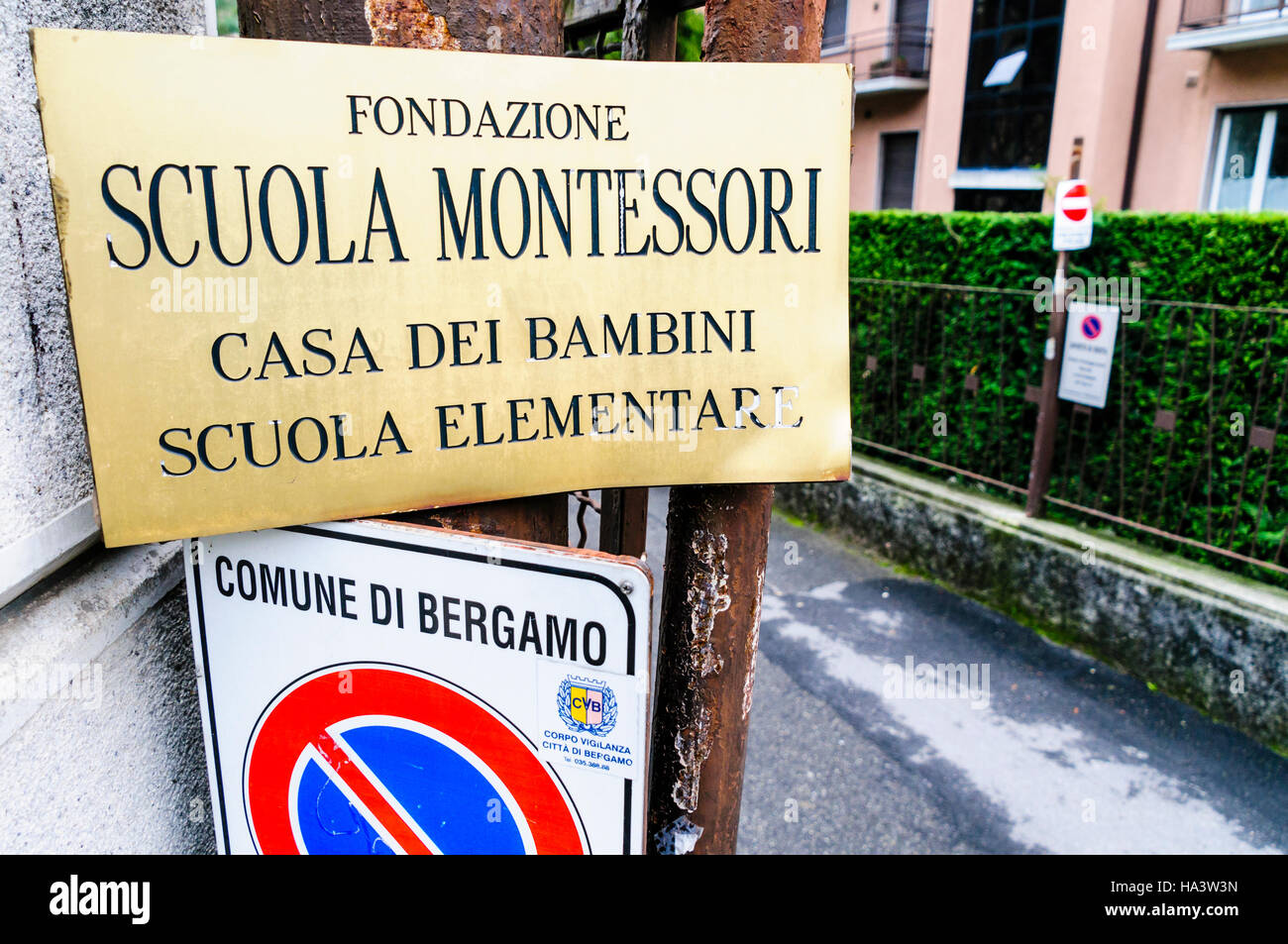 Sign for the Scuola Montessori school in Bergamo. Stock Photo