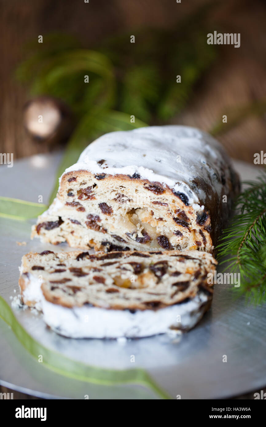 Christmas stollen. Traditional German, European festive dessert