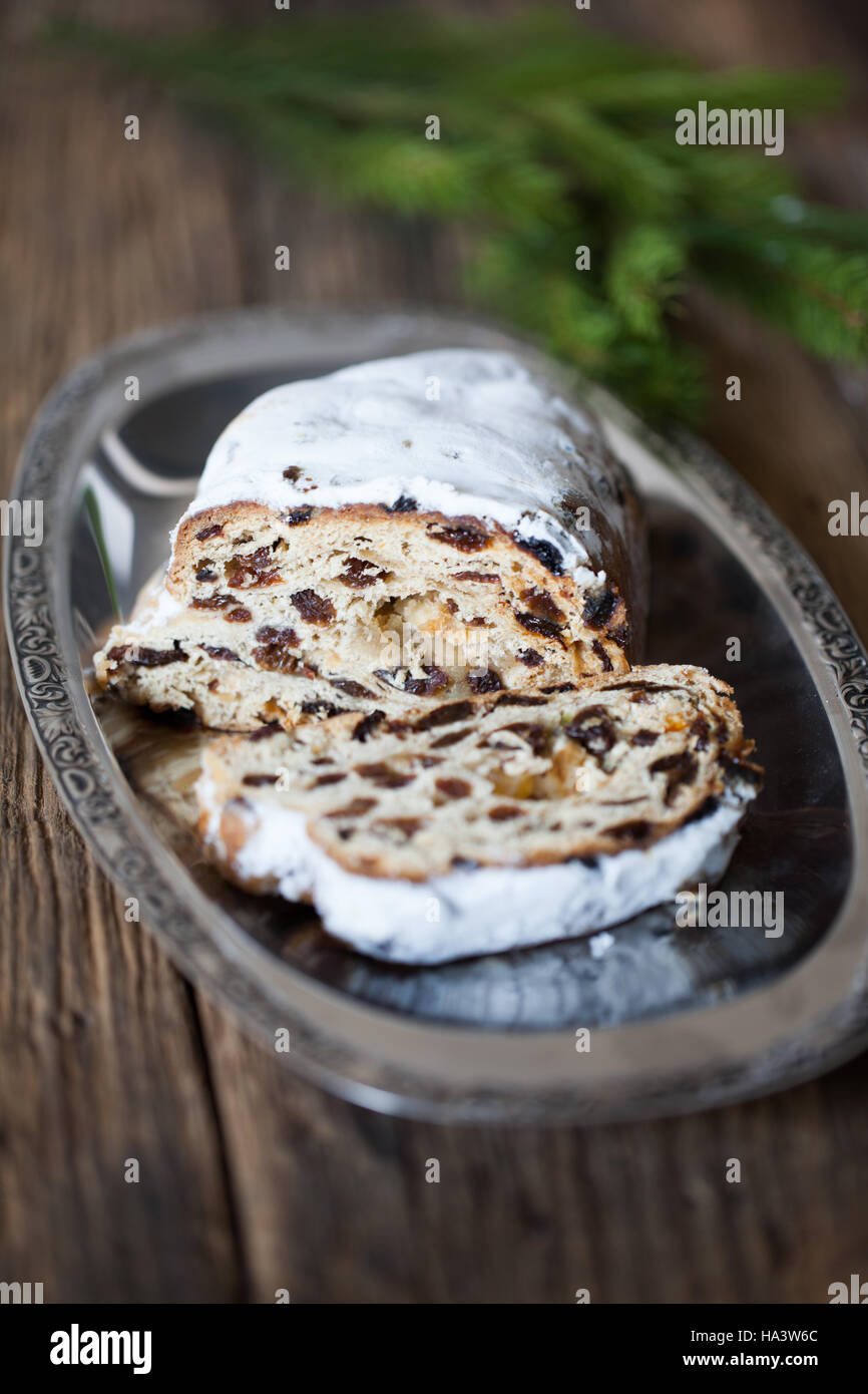 Christmas stollen. Traditional German, European festive dessert