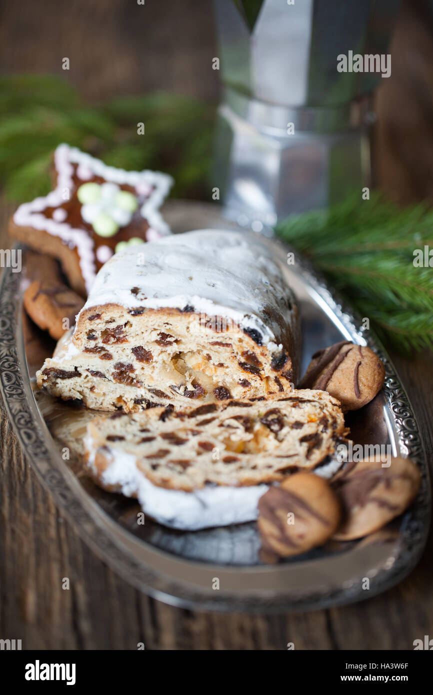 Christmas stollen. Traditional German, European festive dessert