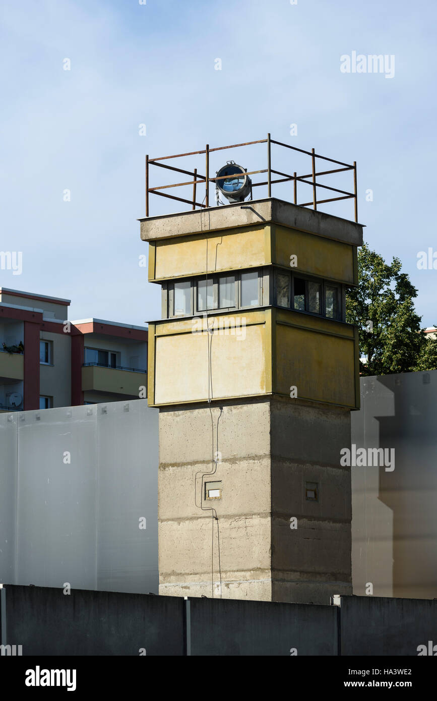 Berlin. Germany. Watchtower (Type BT-9) on Bernauer Straße part of the Berlin Wall Memorial. forms part of the Berlin Wall History Mile. Stock Photo
