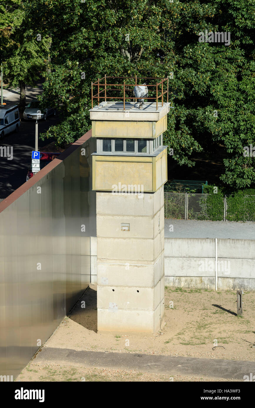Berlin. Germany. Watchtower (Type BT-9) on Bernauer Straße part of the Berlin Wall Memorial. Stock Photo
