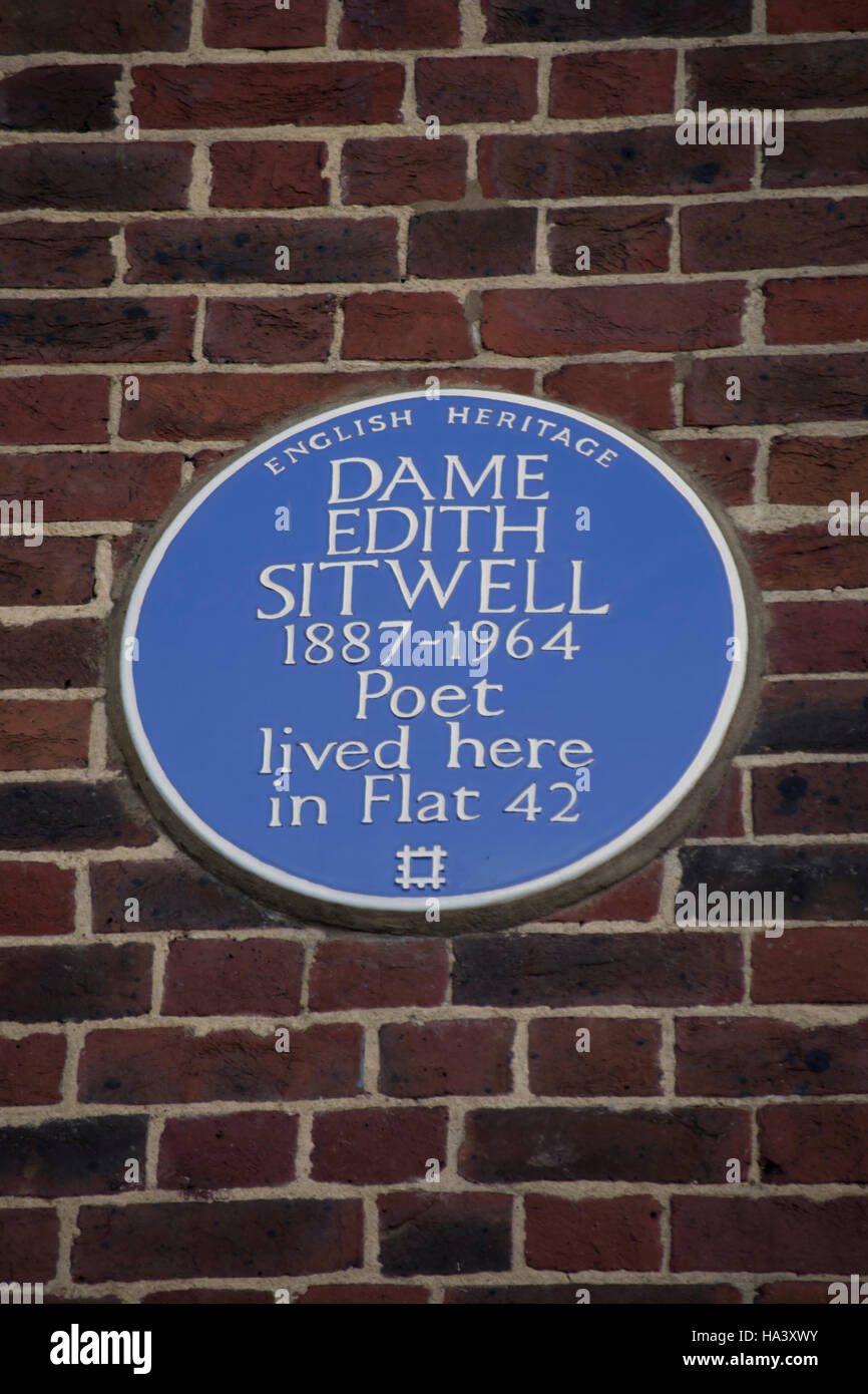 english heritage blue plaque marking a home of poet dame edith sitwell, hampstead, london, england Stock Photo
