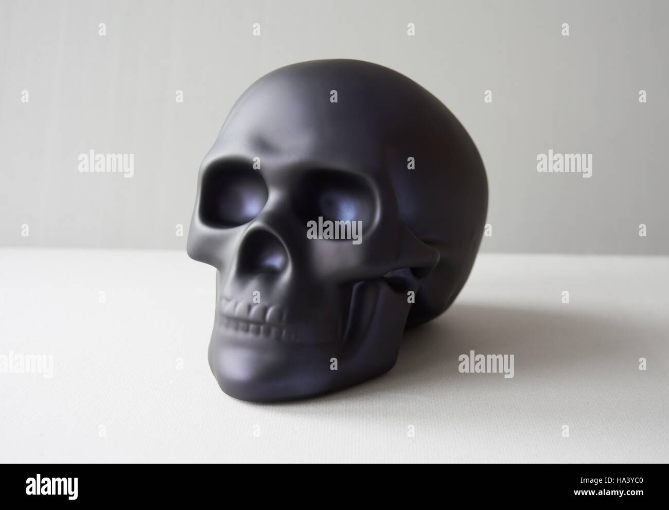 Black plastic human skull on white background Stock Photo