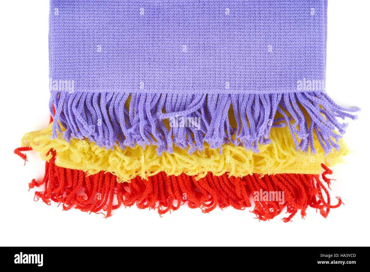 Red, violet and yellow scarves isolated on white Stock Photo