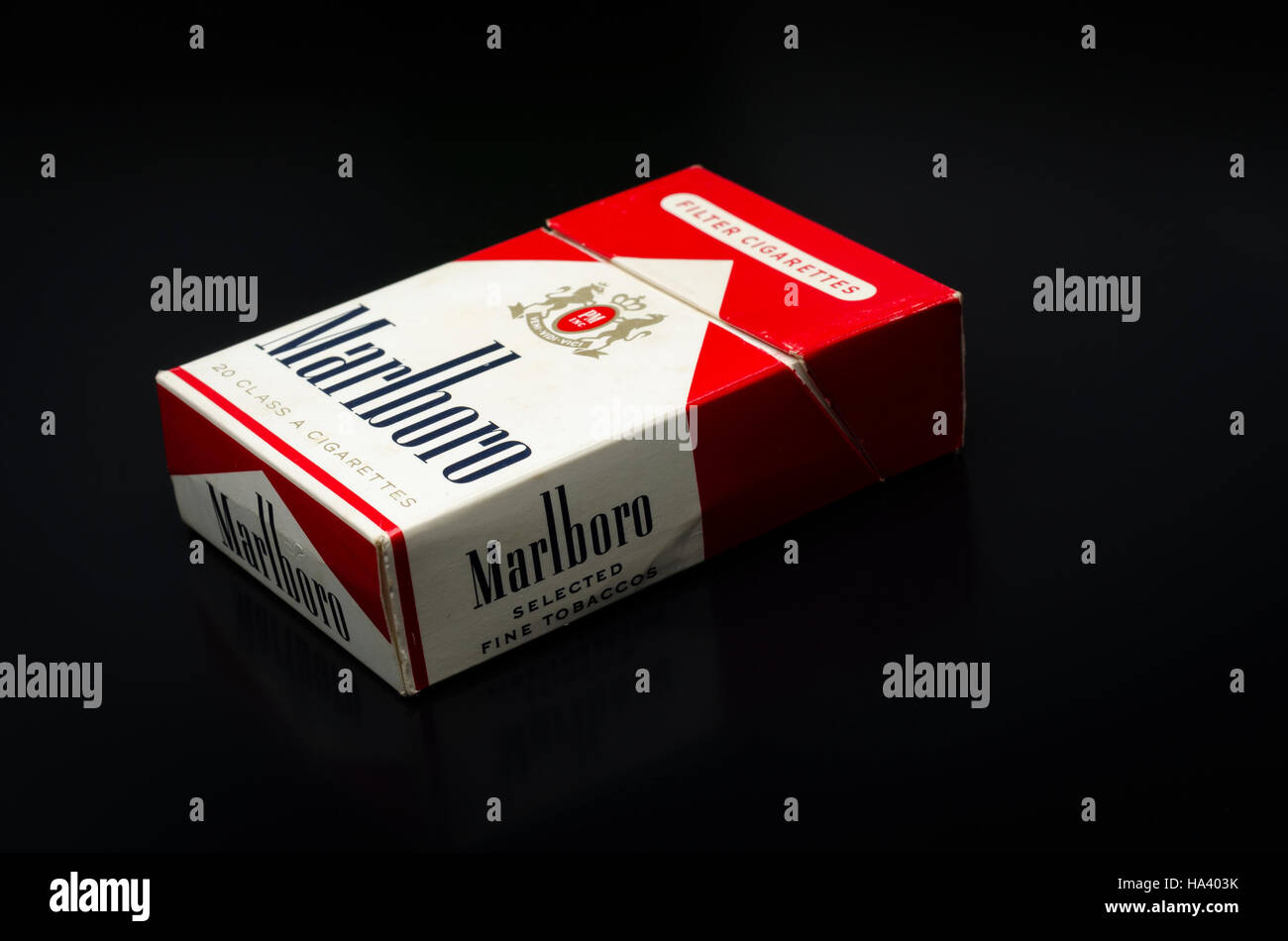 Packet of 20 Marlboro Cigarettes, from the 1970s, First introduced in 1924 in the USA as a Women's Cigarette. Stock Photo