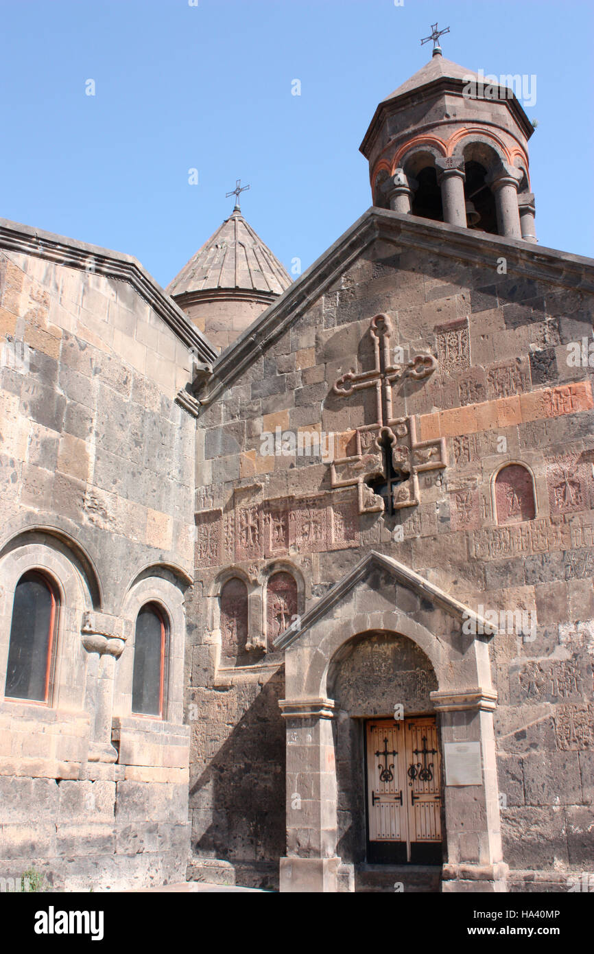 Khachkars as decoration on a doorway at Saghmosavank monastery in Armenia Stock Photo