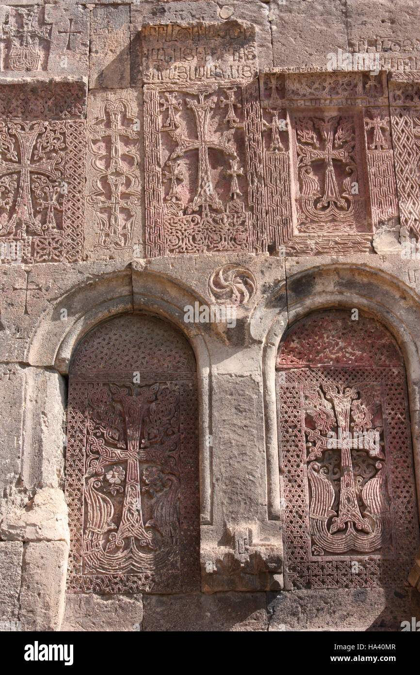 Khachkars as decoration on a doorway at Saghmosavank monastery in Armenia Stock Photo