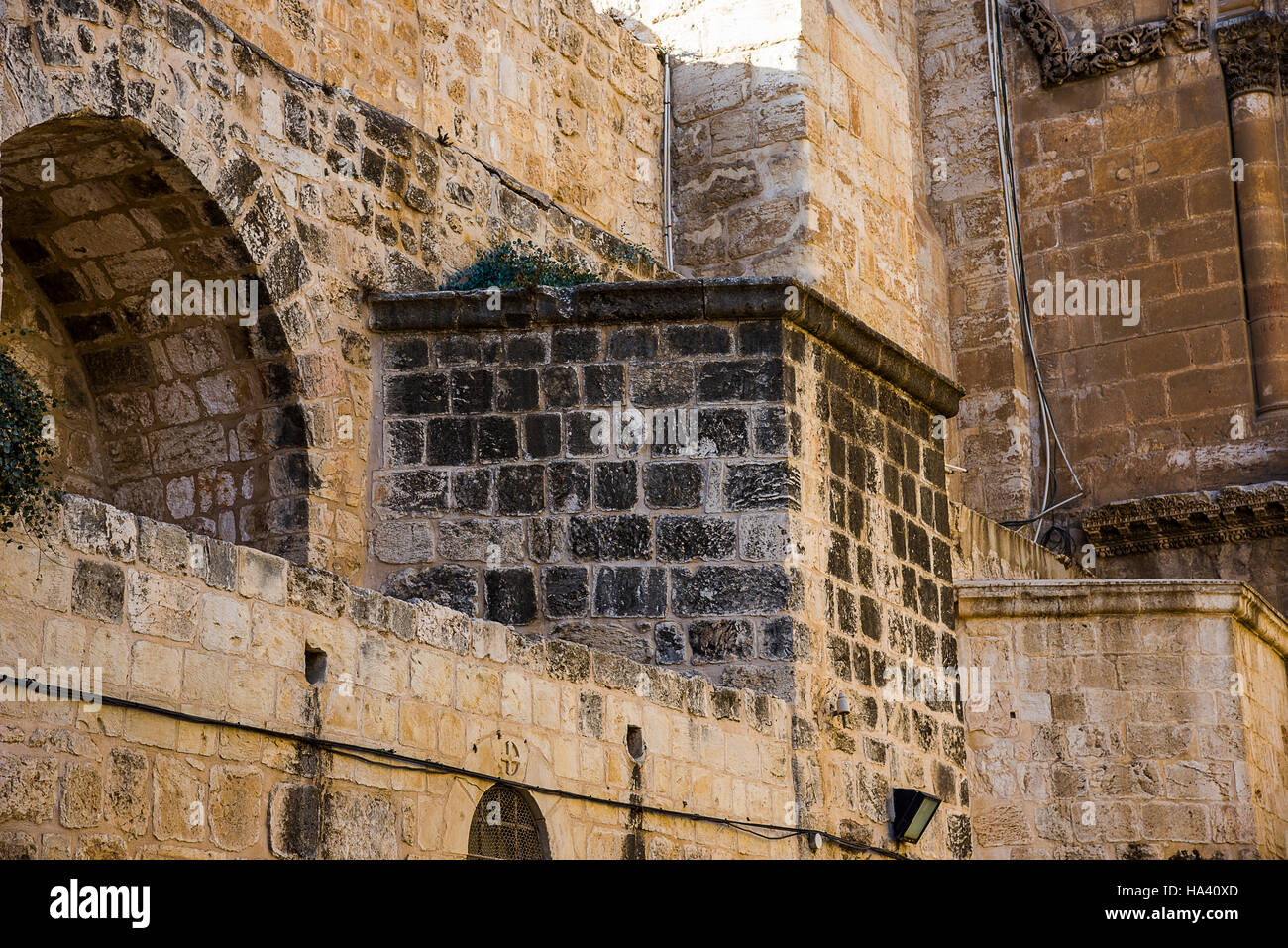 Byzantine facade and Immovable Ladder of Holy Sepulchre Church, Jerusalem. Jerusalem Holy Sepulcher Stock Photo