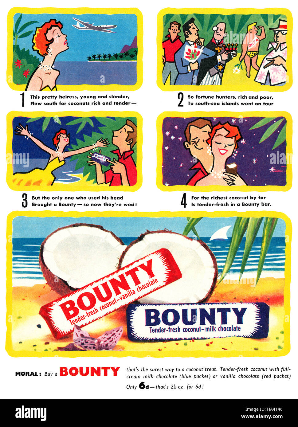 1956 British advertisement for the Bounty Coconut Bar Stock Photo