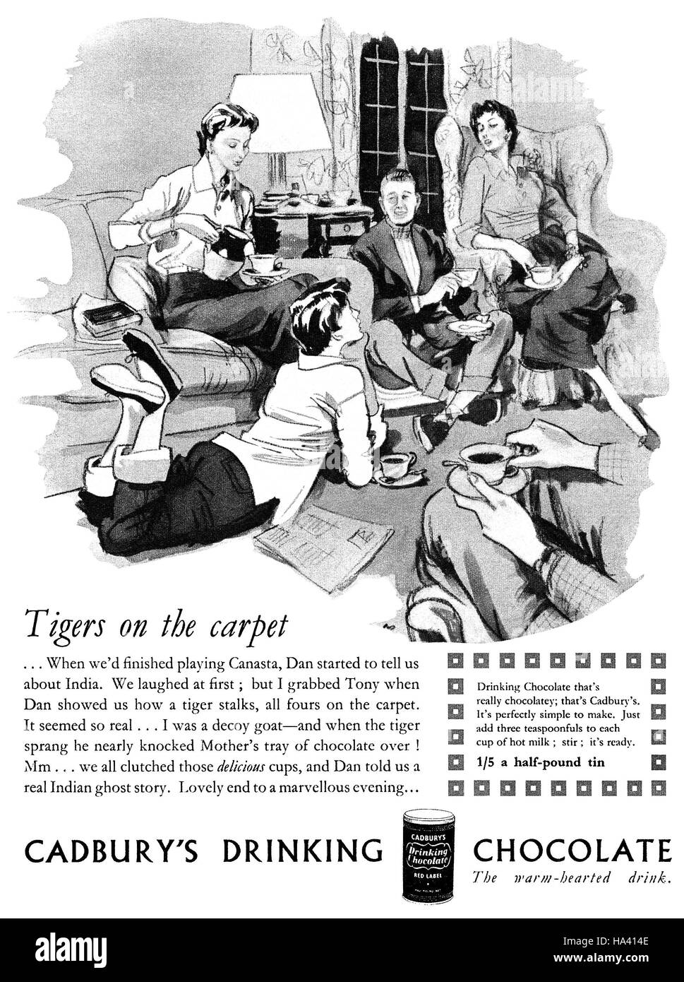 1954 British advertisement for Cadbury's Drinking Chocolate illustrated by Francis Marshall Stock Photo