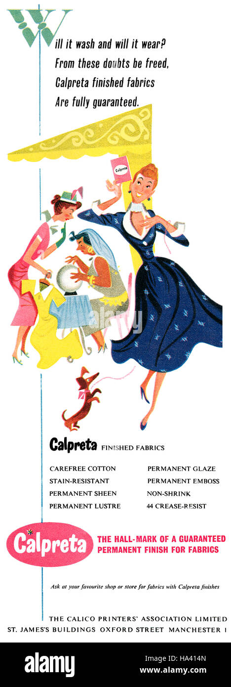 1957 British advertisement for Calpreta Fabrics Stock Photo