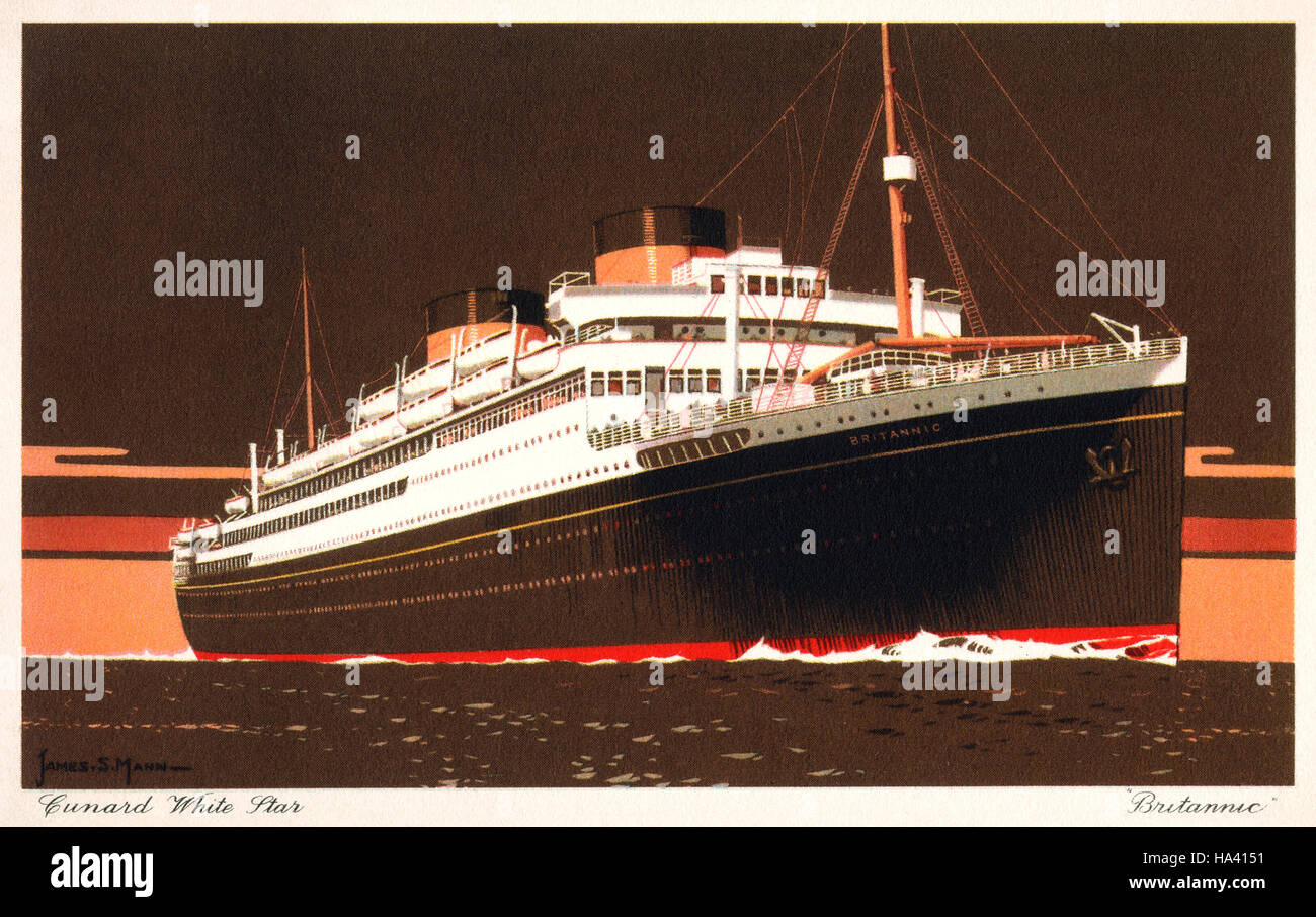 British postcard of the Cunard ship M.V. Britannic, illustrated by James S. Mann. The Britannic was launched in 1929 and decommissioned in 1960. Stock Photo