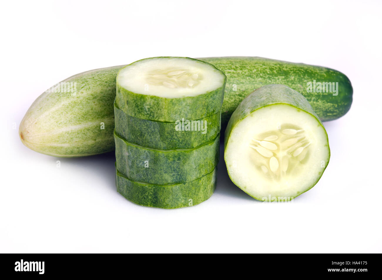 Fresh cucumber (also named as Cucumis sativus, cucurbitaceae, Cucumis cucumber, or wild cucumber) isolated on white background Stock Photo