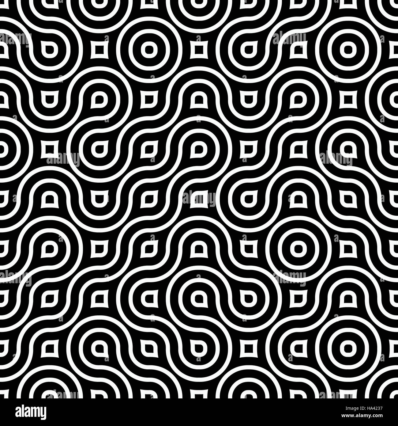 Vector seamless black and white tangled round stripes geometric vintage ...