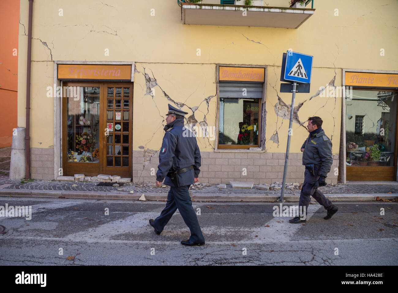 Aftermath of the earthquake in the town of Valnerina, Italy. Twin earthquakes rocked central Italy on Wednesday. The second quake was registered at a magnitude of 6.0 on the Richter scale and occurred in the same region struck in August by a devastating t Stock Photo