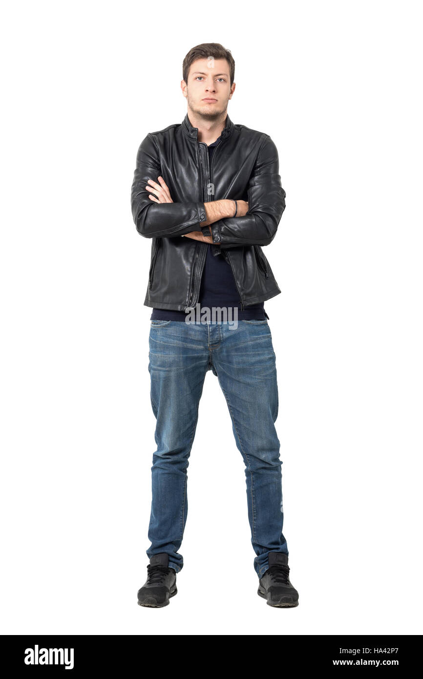 Man in leather jacket, arms crossed hires stock photography and images