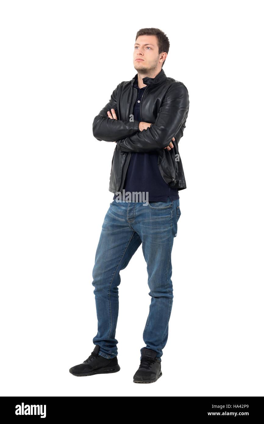 Man in leather jacket, arms crossed hires stock photography and images