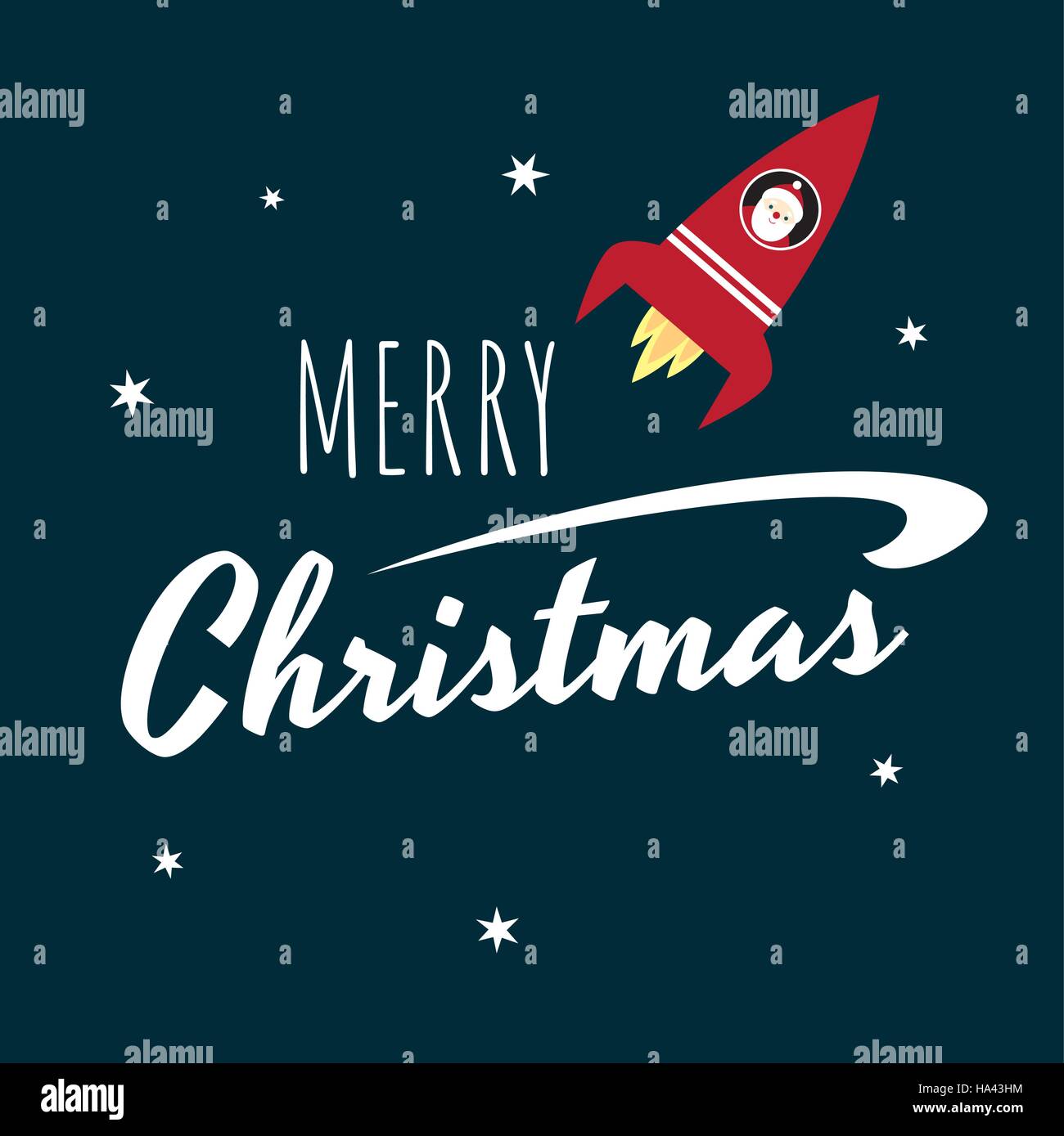 Vector retro styled greeting card with a text 'Merry Christmas' and Santa Claus flying in a red space rocket. Square format, white text on a dark back Stock Vector