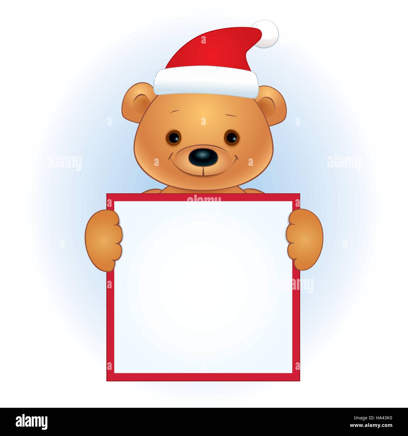 Illustration of a cute brown baby bear in a Santa hat holding a blank square sign. Place for text on a white background. Stock Vector