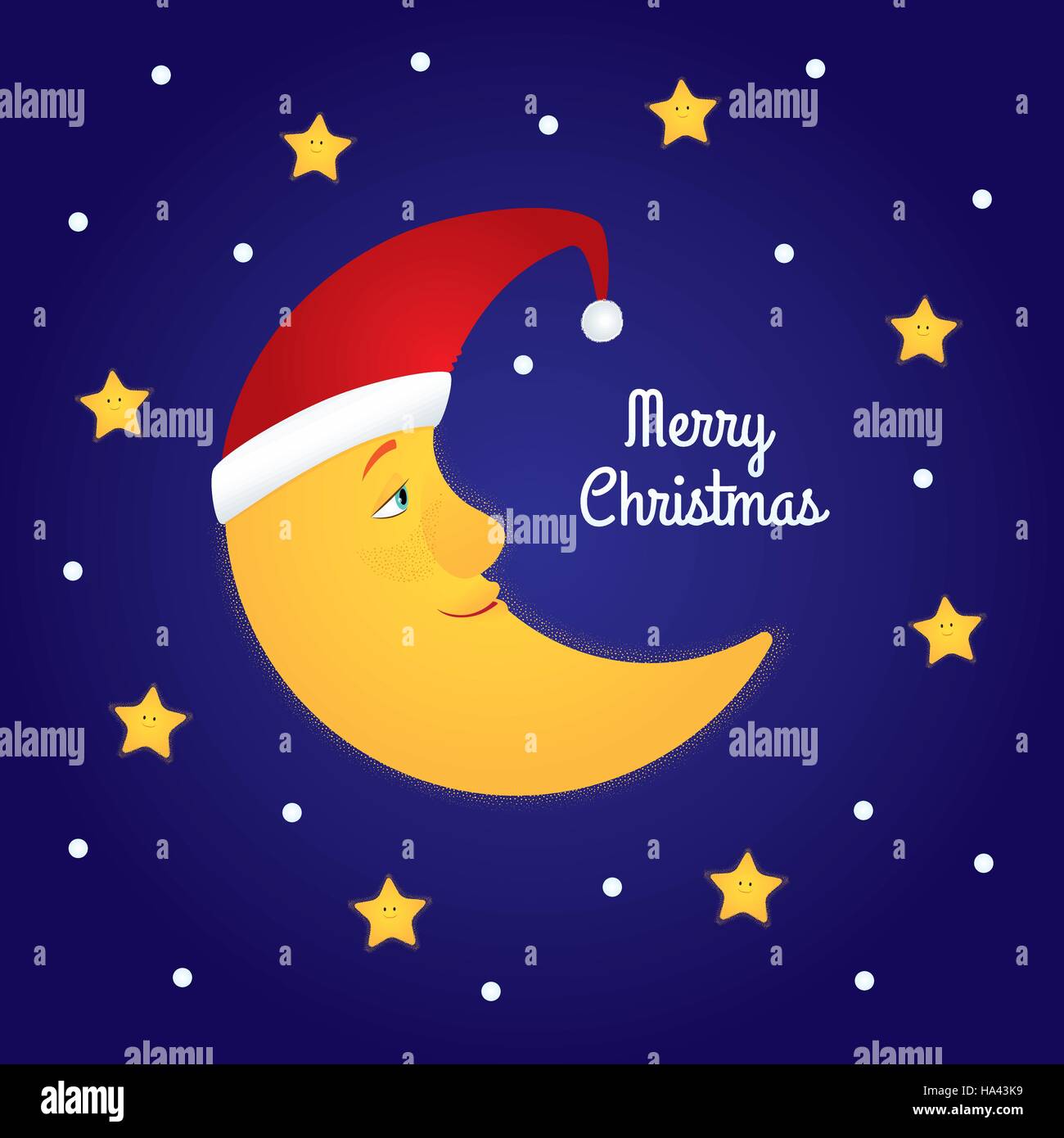Holiday greeting card. Vector cartoon illustration of a half moon in a Santa hat among stars. Dark blue background, text 'Merry Christmas'. Square for Stock Vector