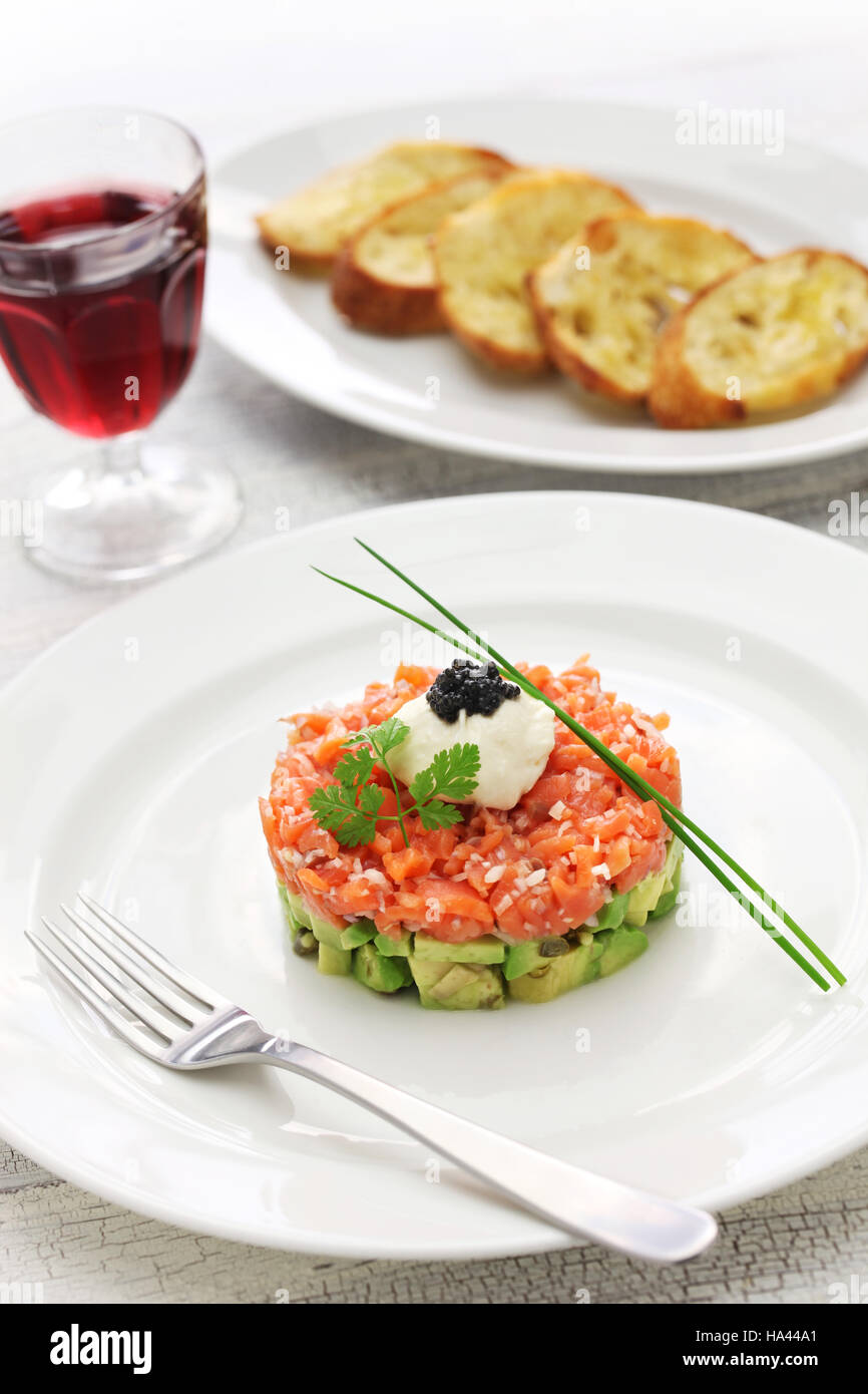 salmon tartare with avocado and caviar Stock Photo