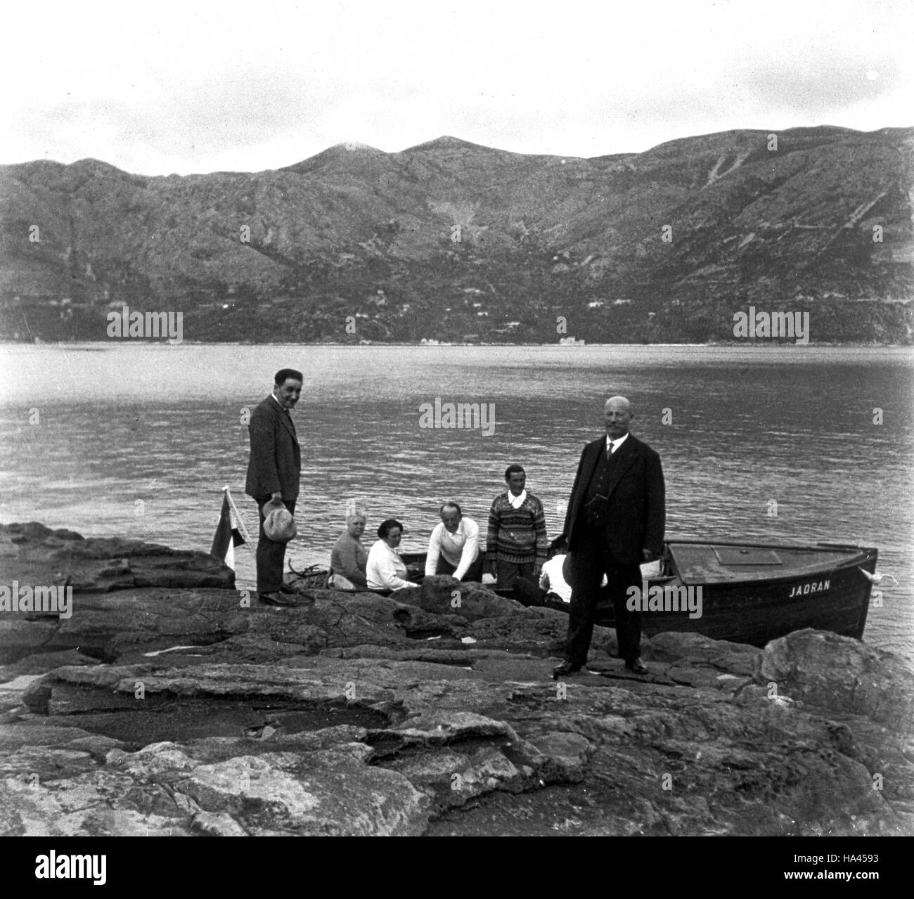 German tourists boarding boat at Seget Donji near Trogir in Croatia 1930 Stock Photo