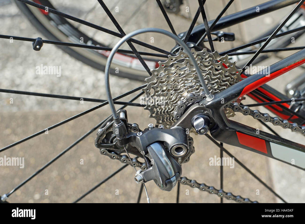 closeup of chrome bicycle gears and chain Stock Photo
