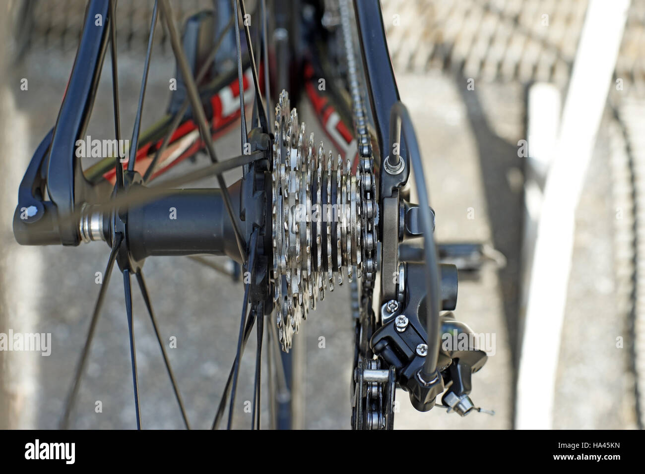 closeup of chrome bicycle gears and chain Stock Photo
