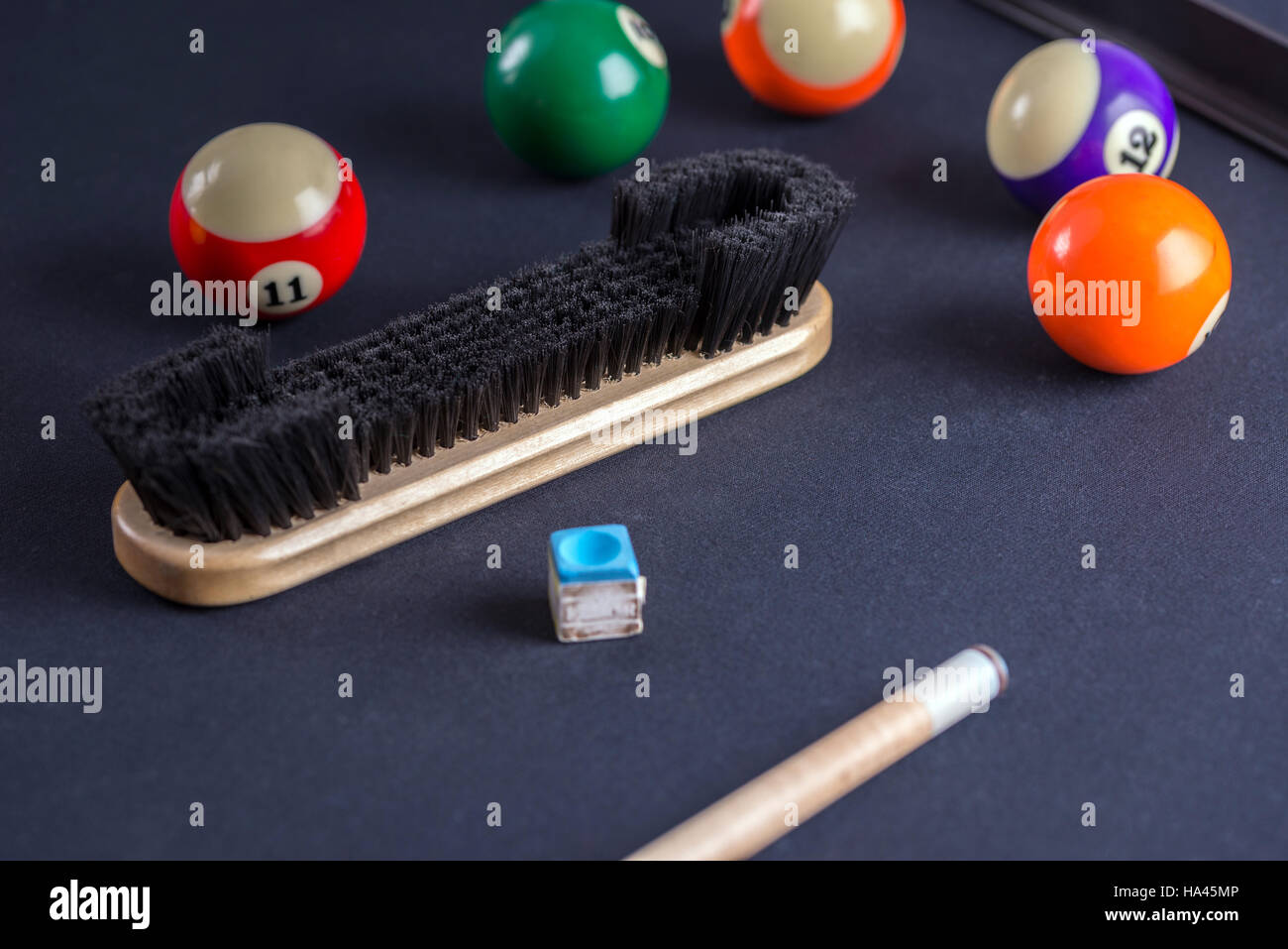 Brush for cleaning of billiard table with cue and balls Stock Photo Alamy
