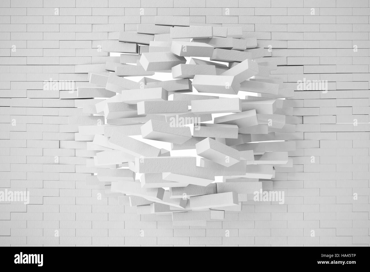 Destruction of a white brick wall. 3d illustration Stock Photo