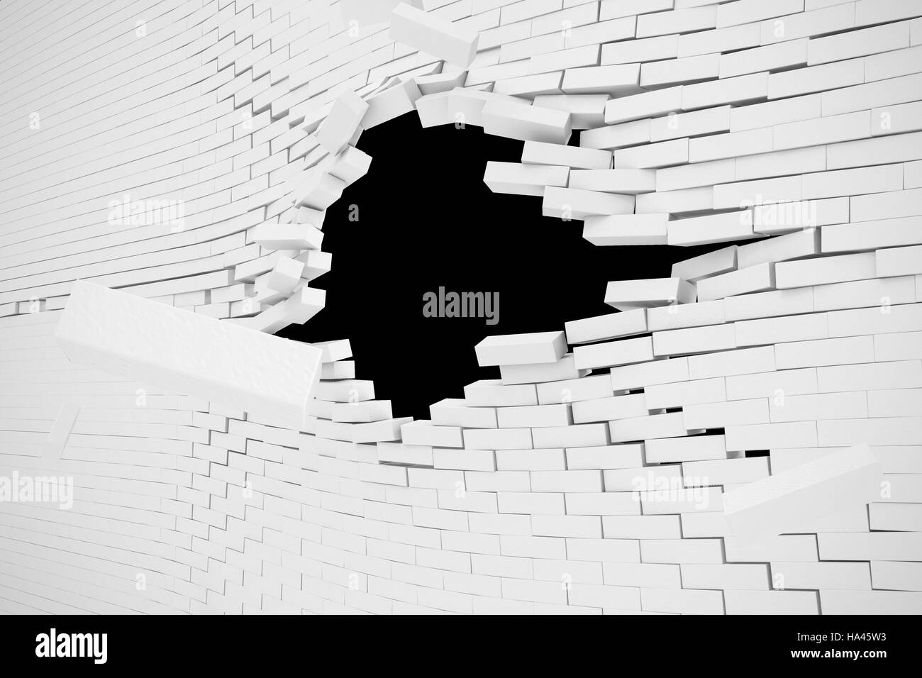 Explosion, destruction of a white brick wall, abstract background for Template   content. 3d illustration Stock Photo
