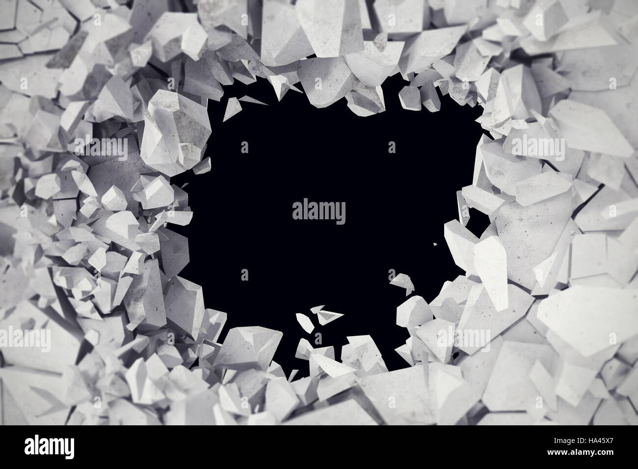 rendering, explosion, cracked concrete wall, bullet hole, destruction ...