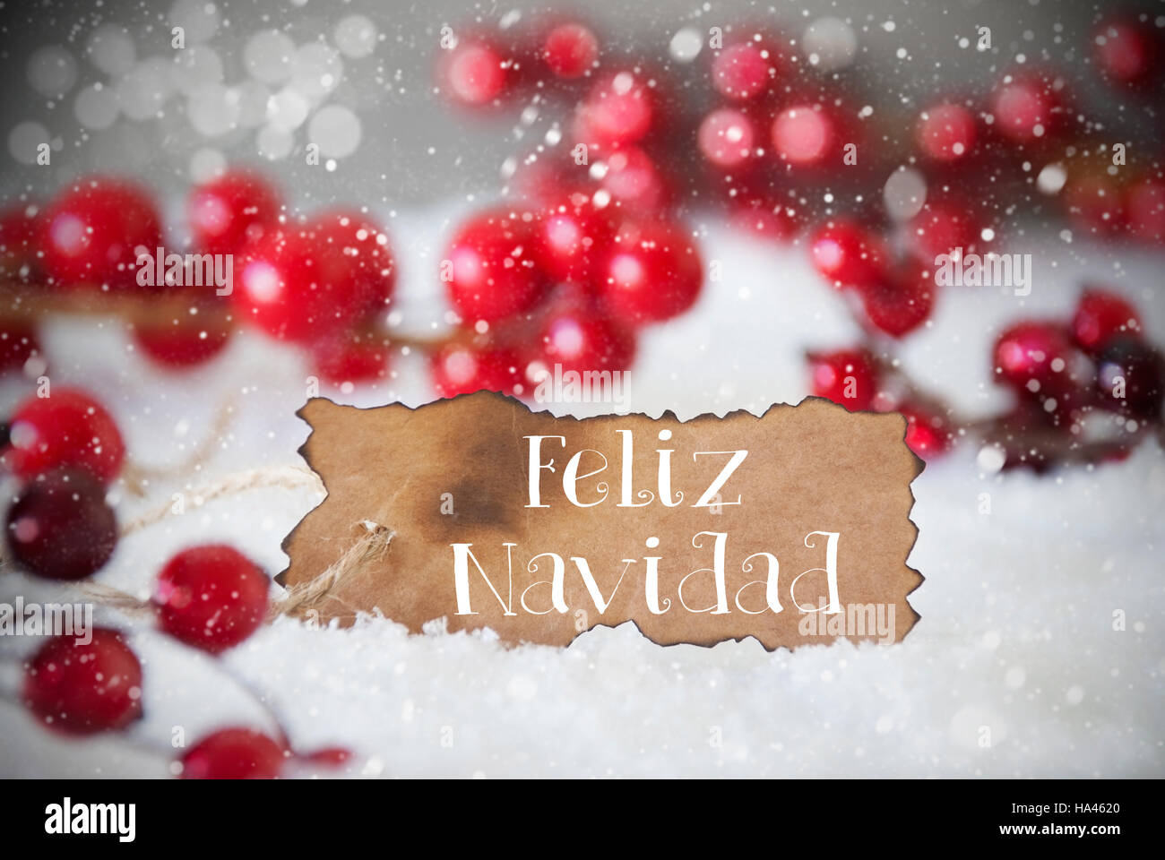 Burnt Label, Snow, Snowflakes, Feliz Navidad Means Merry Christmas Stock Photo