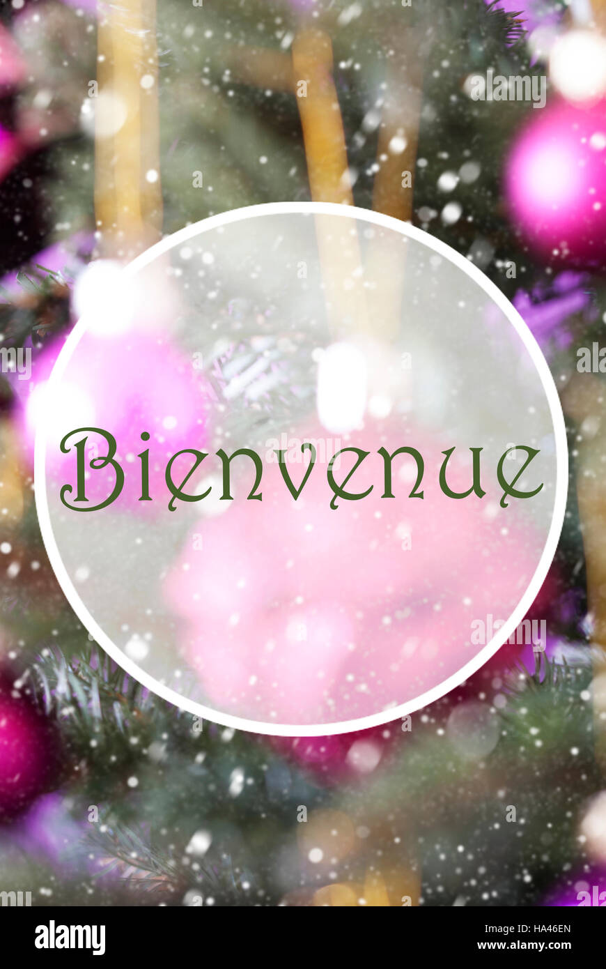 Vertical Rose Quartz Balls, Bienvenue Means Welcome Stock Photo