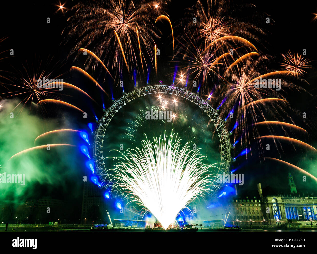 fireworks in the LOndon Eye in London,UK. Stock Photo