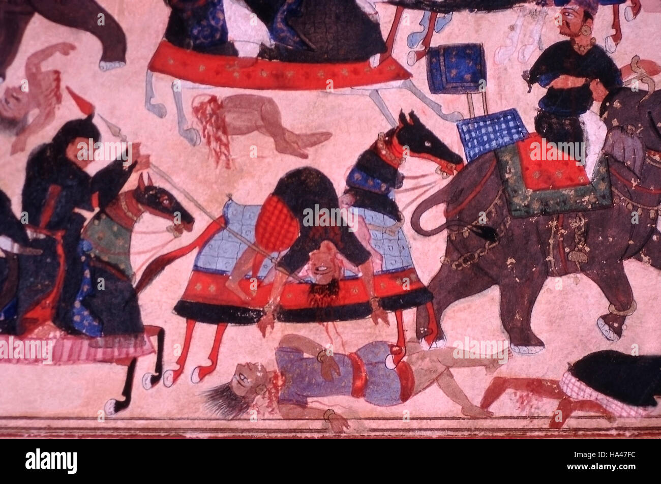 Painting depicts the defeat of the Hindu army at the Battle of Rakshasi. Dated: 1565 A.D. Tarif i-Husayn Shahi. Nimat-Nama Stock Photo