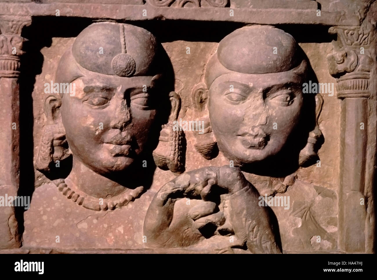 Kushan lady with a parrot. Front view of the panel measuring 84 cm. Mathura museum. Afghanistan. Stock Photo