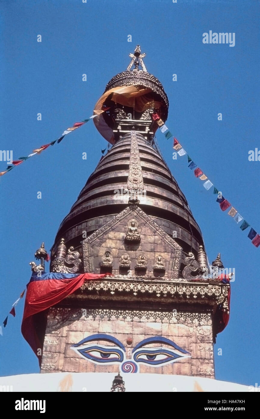 Swayambhunath stupa. View of the top, showing Harmika and Chattras. Nepal. Stock Photo