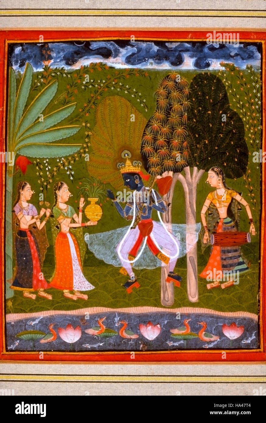 Ragamala Painting: Vasant: Expresses human reaction to the joy of life in Spring. Visualized as a dancing Krishna Stock Photo