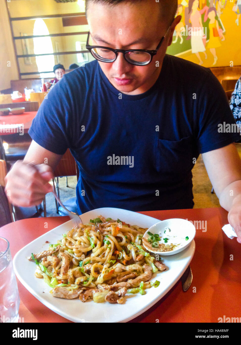 San Francisco, CA, USA, Chinese Man Eating Japanese Noodle Plate in