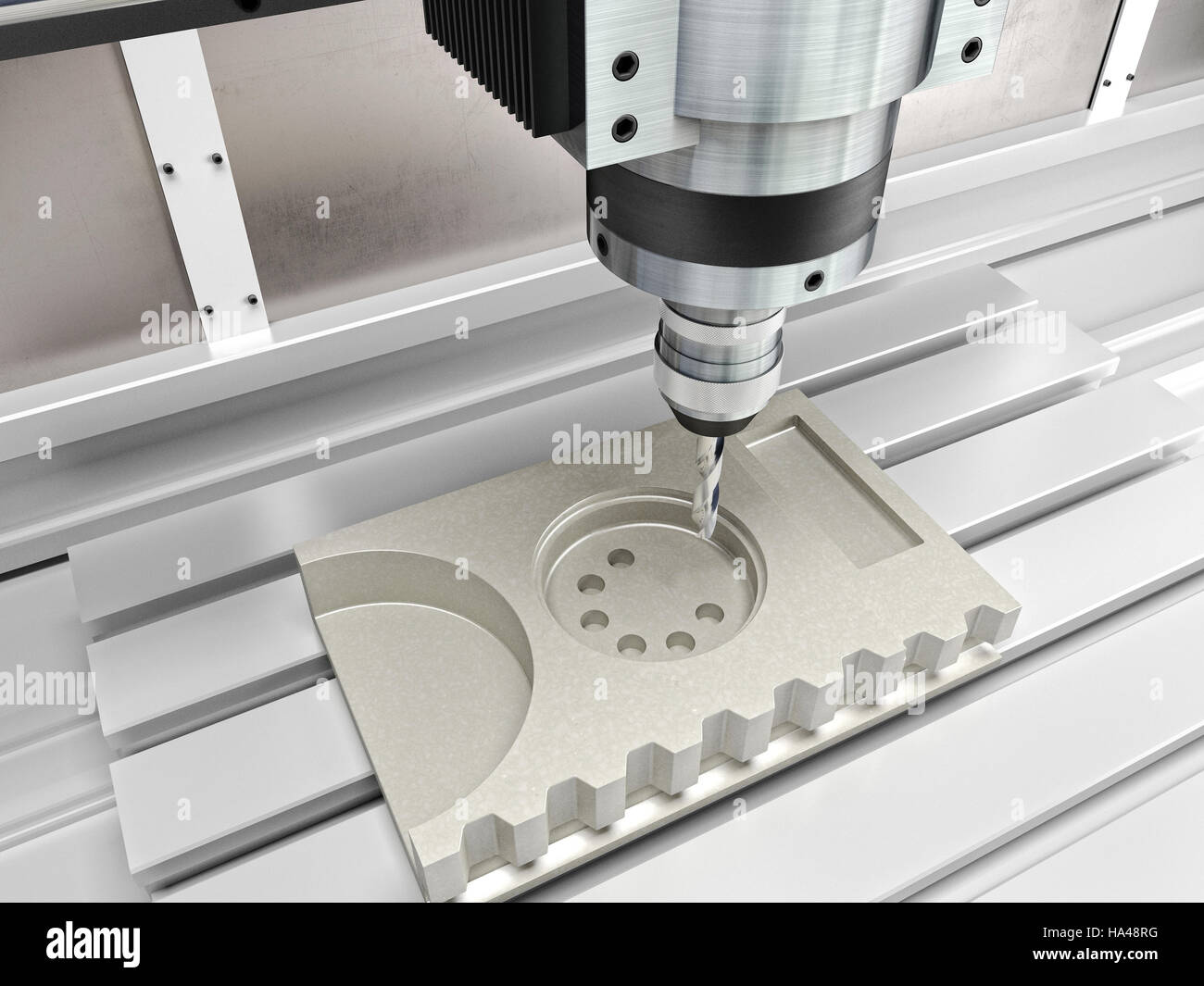 cnc machine in action 3d rendering Stock Photo