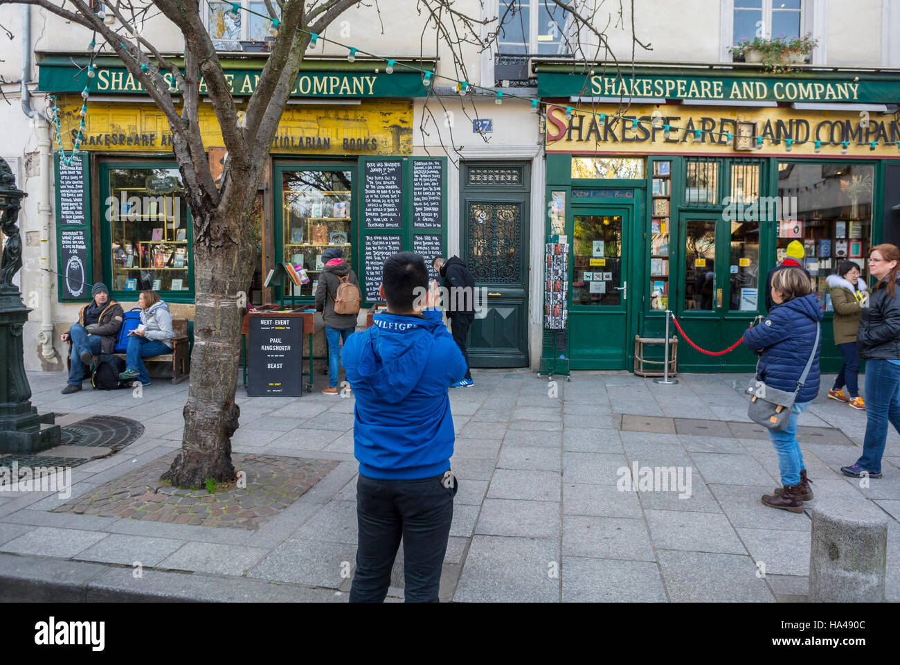 Paris, France, People Shopping, 'Shakespeare and Company' Bookstore, Shop Front Window, with Sign, in Latin Quarter, Parisian street scene, chinese, Stock Photo