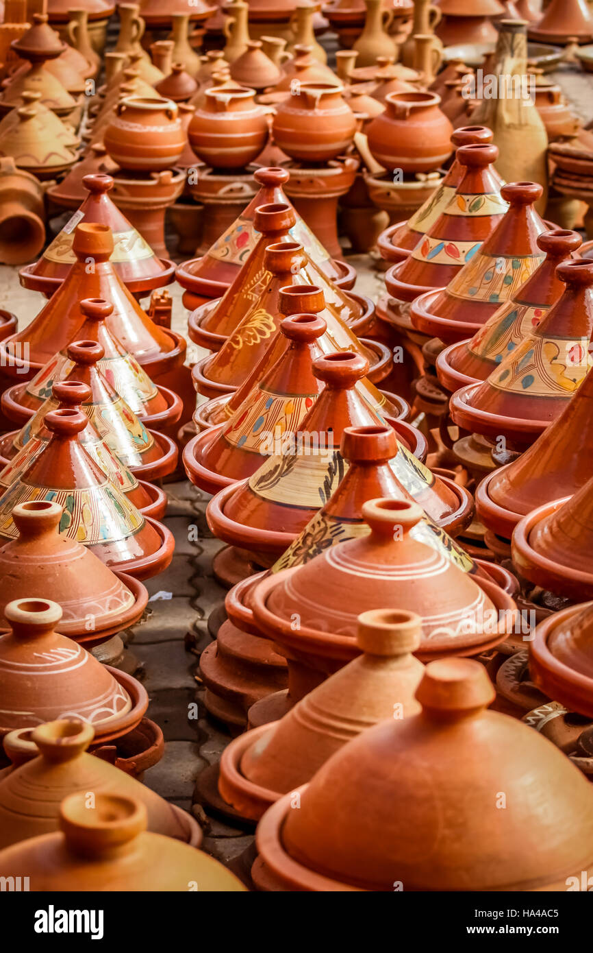 Traditional moroccan tajine pots used for preparing moroccan food Stock
